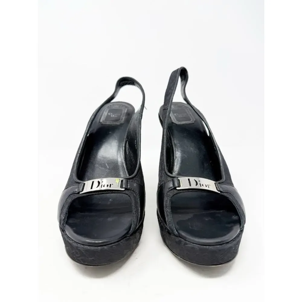 Christian Dior Monogram Slingback Wedge Sandals Black Womens Size EU 40